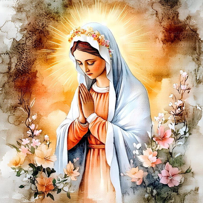 May include: A watercolor painting of the Virgin Mary with a halo of flowers, wearing a blue robe and praying with her hands clasped together. The background is a soft, golden yellow with white flowers.