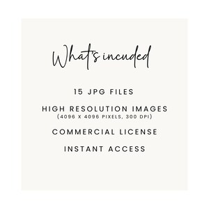 May include: Text that reads "What's included" followed by "15 JPG FILES", "HIGH RESOLUTION IMAGES (4096 X 4096 PIXELS, 300 DPI)", "COMMERCIAL LICENSE", and "INSTANT ACCESS".