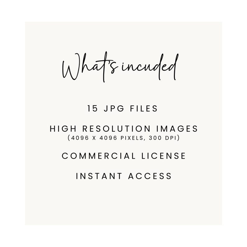 May include: Text that reads "What's included" followed by "15 JPG FILES", "HIGH RESOLUTION IMAGES (4096 X 4096 PIXELS, 300 DPI)", "COMMERCIAL LICENSE", and "INSTANT ACCESS".