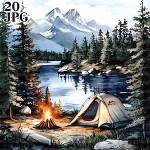 20 Watercolor Camping Clipart, Vacation Graphics, High Quality JPGs, Watercolor Clipart, Junk Journal, Digital Download, Paper Craft
