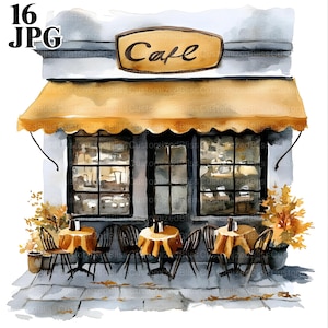 16 Watercolor Cafe Clipart, Cozy French Cafe, Coffee Shop Clipart, Paris Street Cafe, Junk Journal, Digital Download, Paper Craft, JPG