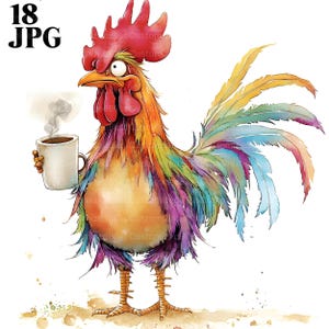 18 Cute Whimsical Rooster Clipart, Funny Rooster, High Quality JPG, Watercolor Clipart, Junk Journal, Digital Download, Paper Craft Clip Art