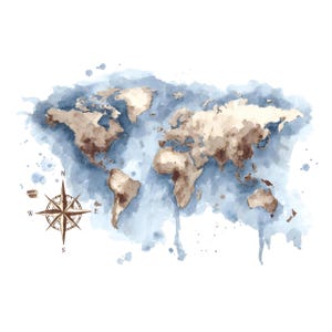 Pode incluir: Ilustração de mapa-múndi em aquarela com continentes marrons e fundo azul. Uma rosa dos ventos está no canto inferior esquerdo. O mapa é uma peça decorativa.