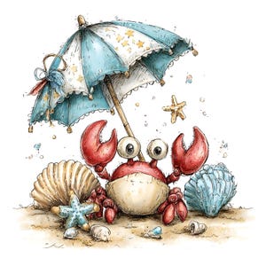 May include: A charming illustration of a cartoon crab on a sandy beach, sheltered by a blue and white umbrella with star details. The crab has large eyes and red claws, with seashells and starfish nearby.
