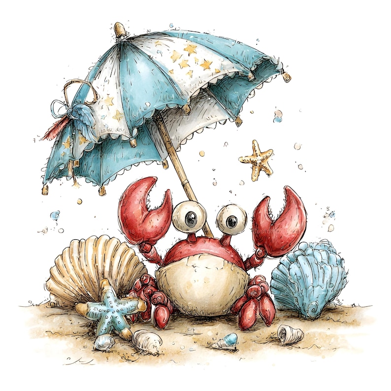 May include: A charming illustration of a cartoon crab on a sandy beach, sheltered by a blue and white umbrella with star details. The crab has large eyes and red claws, with seashells and starfish nearby.
