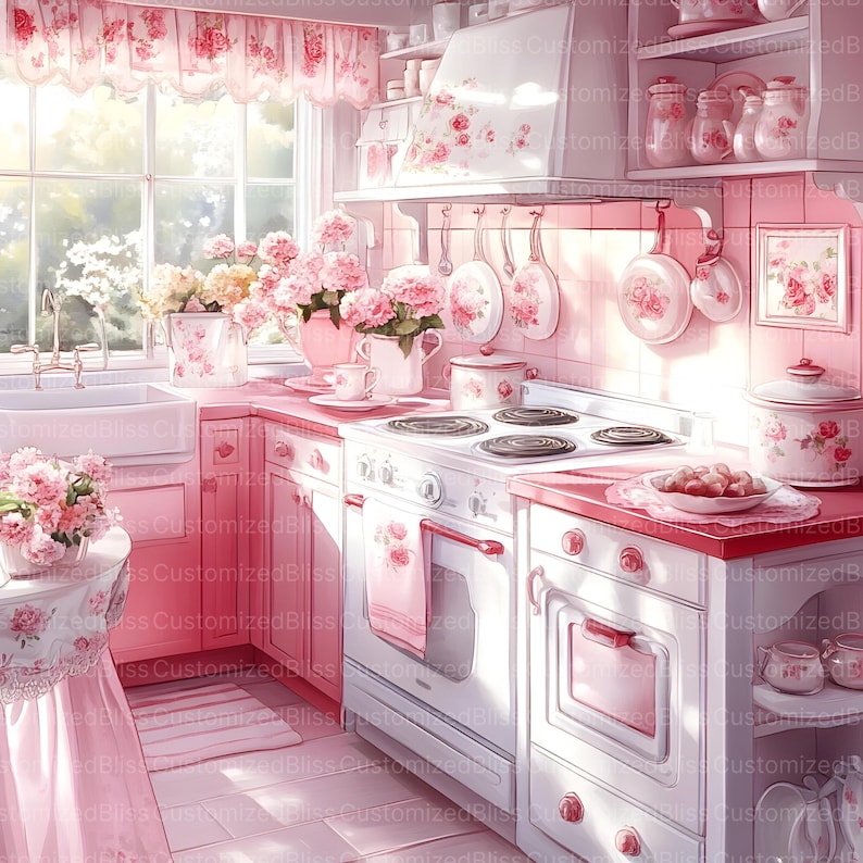 14 Shabby Chic Retro Pink Kitchen Clipart, Countryside Kitchen, Retro ...