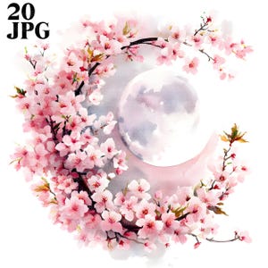 20 imágenes prediseñadas de Sakura y Luna, imágenes prediseñadas de flor de cerezo lunar, archivos JPG de alta calidad, imágenes prediseñadas de acuarela, diario basura, descarga digital, manualidades de papel