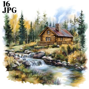 May include: Watercolor painting of a rustic log cabin with a red roof, chimney, and porch, nestled in a forest. A stream flows in the foreground, surrounded by rocks and autumn foliage. The image has the text "16 JPG" in the upper left corner.