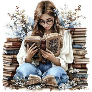 May include: Watercolor illustration of a person reading surrounded by stacks of books. The person is wearing glasses and a white blouse, with blue jeans. The image has a soft, artistic style with floral accents and a vintage book aesthetic.