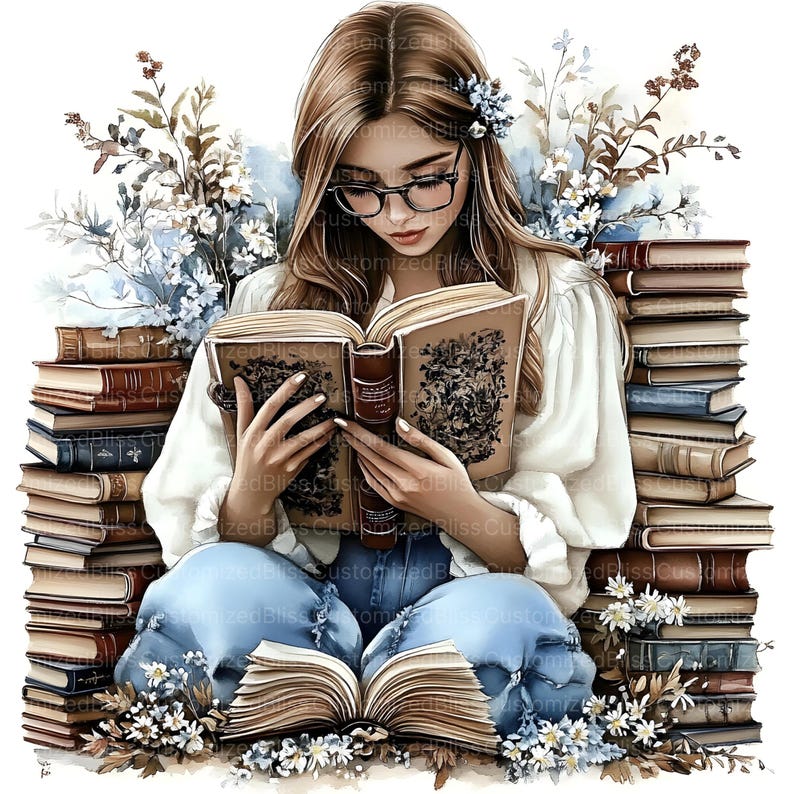 May include: Watercolor illustration of a person reading surrounded by stacks of books. The person is wearing glasses and a white blouse, with blue jeans. The image has a soft, artistic style with floral accents and a vintage book aesthetic.
