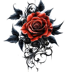 May include: A single red rose with a dark, intricate, black floral design behind it. The rose is in full bloom and has a dark red center.