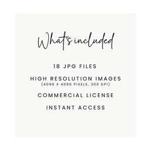 May include: A cream-colored graphic with the words "What's included" in elegant script. Below, it lists "18 JPG FILES," "HIGH RESOLUTION IMAGES," "COMMERCIAL LICENSE," and "INSTANT ACCESS."