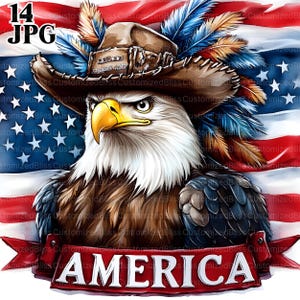 14 Clipart aquila patriottica, aquila calva degli Stati Uniti con cappello da cowboy, piume e bandiera americana, Clipart occidentale, JPG di alta qualità, download digitale