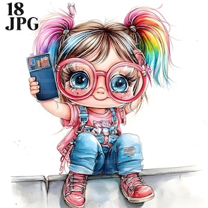 18 Funny Girl Clipart, Quirky Crazy Girl Takes Selfie, High Quality JPGs, Watercolor Clipart, Junk Journal, Digital Download, Paper Craft