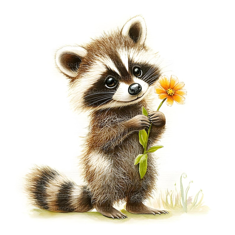Puede incluir: Un lindo mapache de dibujos animados sosteniendo una flor amarilla con hojas verdes. El mapache tiene una m&aacute;scara negra y una nariz blanca. El fondo es blanco.