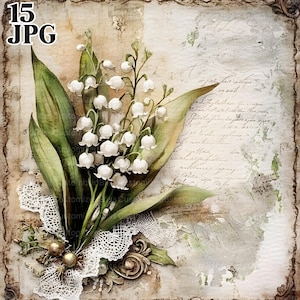 15 papiers muguet et dentelle, paquet de papier numérique, journal floral indésirable, papier de journal indésirable, papier de scrapbooking, papier imprimable, JPG