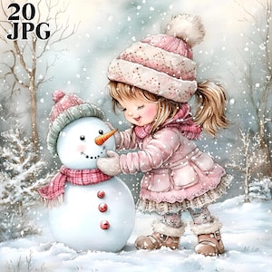 Clipart di un pupazzo di neve che costruisce, 20 JPG ad acquerello ad alta risoluzione per il diario spazzatura, album, artigianato, Natale, Shabby Chic, download digitale