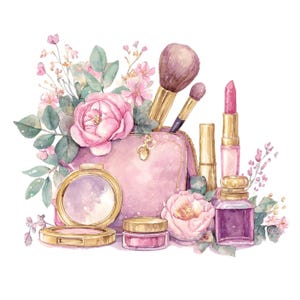 Op de afbeelding: Waterverfillustratie van make-upproducten en bloemen. Een roze make-uptasje bevat kwasten, een compactpoeder, lippenstift en andere cosmetica. Roze rozen en groen omringen de items en creëren een vrouwelijke compositie.