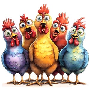 May include: A whimsical illustration of five cartoon chickens with exaggerated features. Each chicken has a different color of plumage, including purple, yellow, red, and blue. They all have wide eyes and open beaks, giving them a surprised expression.