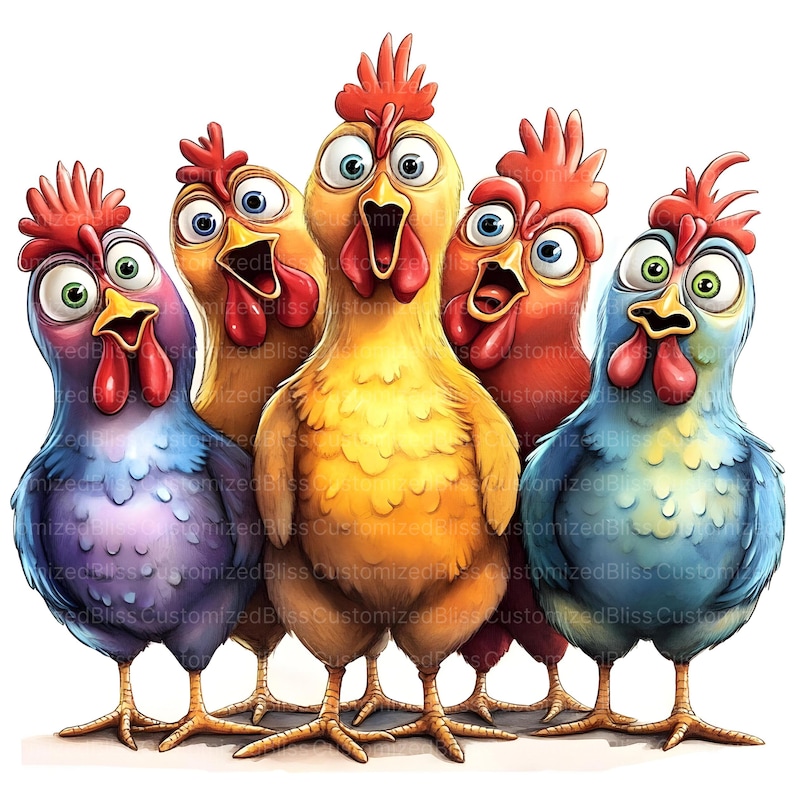 May include: A whimsical illustration of five cartoon chickens with exaggerated features. Each chicken has a different color of plumage, including purple, yellow, red, and blue. They all have wide eyes and open beaks, giving them a surprised expression.
