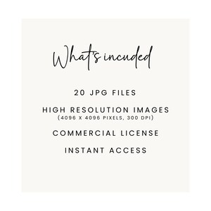 May include: Text that reads "What's included" followed by "20 JPG FILES", "HIGH RESOLUTION IMAGES (4096 X 4096 PIXELS, 300 DPI)", "COMMERCIAL LICENSE", and "INSTANT ACCESS".