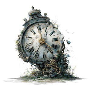 May include: A distressed antique clock illustration. The clock face, with Roman numerals, is partially shattered, revealing internal gears and mechanisms. The clock is overgrown with vegetation, suggesting age and decay. The color palette includes shades of gray, white, and gold.