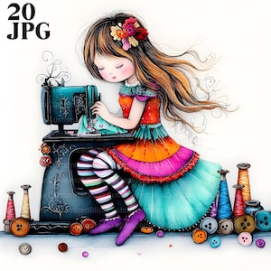 Clipart di cucito eccentrico, 20 JPG ad acquerello ad alta risoluzione per diario spazzatura, scrapbooking, creazione di biglietti, download digitale, fantasy, ragazza stravagante