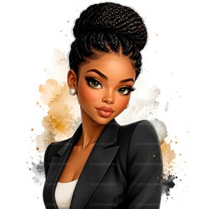 May include: Digital illustration of a woman with dark skin, green eyes, and a braided bun hairstyle. She wears a black blazer over a white top and pearl earrings. The background features watercolor-style gold and gray splashes.