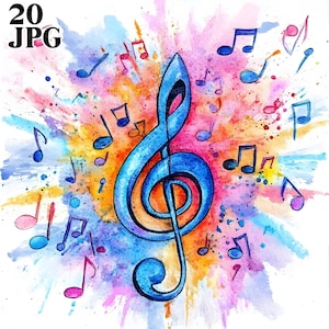 20 claves de sol, notas melódicas, música, JPG de alta calidad, acuarela, diario basura, manualidades de papel con descarga digital