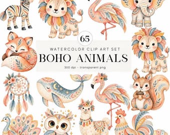Cute Animal Clipart Bundle, Nursery Animal Clip Art, Watercolor Animal Graphics, Boho Baby PNG, Newborn Boho Baby Doodle Baby Shower Clipart