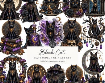 Black Cat Clipart Bundle, Gothic Cat PNG, Witchcraft Clipart, Magical Cat Graphics, Esoteric Cat, Gothic Clipart, Halloween Clipart