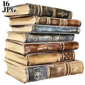 May include: A stack of antique books with aged, textured covers. The books feature a variety of colors, including brown, blue, and gold, with decorative spine details. The image includes the text "16 JPG" in the upper left corner.
