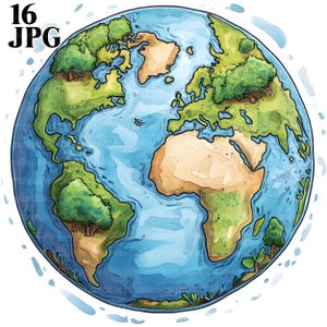 Planet Erde Clipart Bundle, 16 hochwertige JPGs, Aquarell Clipart, Junk Journal, digitaler Download, kommerzielle Nutzung, Papiermodelle, Globe