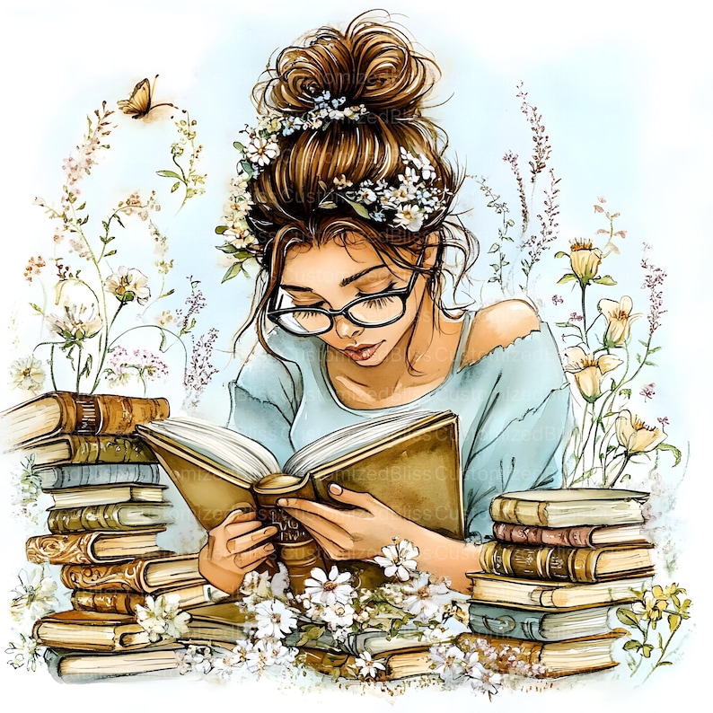 May include: Illustration of a woman with glasses reading a book, surrounded by stacks of books and flowers. She has a floral crown and a butterfly. The image has a soft, watercolor style with a light blue background.