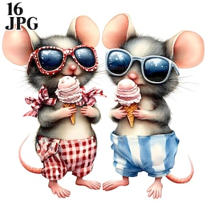 16 imágenes prediseñadas de pareja de ratones de verano, imágenes prediseñadas de ratones lindos con helado, imágenes prediseñadas de vacaciones en la playa, archivos JPG de alta calidad, diario basura, descarga digital