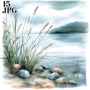 15 Teal Lake Edge Clipart, Lake Clipart, Lake Coast, Printable Watercolor Clipart, High Quality JPGs, Digital Download, Paper Craft