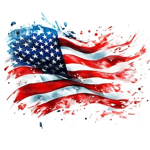 Op de afbeelding: Een aquarel van een Amerikaanse vlag met rode, witte en blauwe verfspatten. De vlag wappert in de wind en de verfspatten cre&euml;ren een dynamisch en abstract effect.