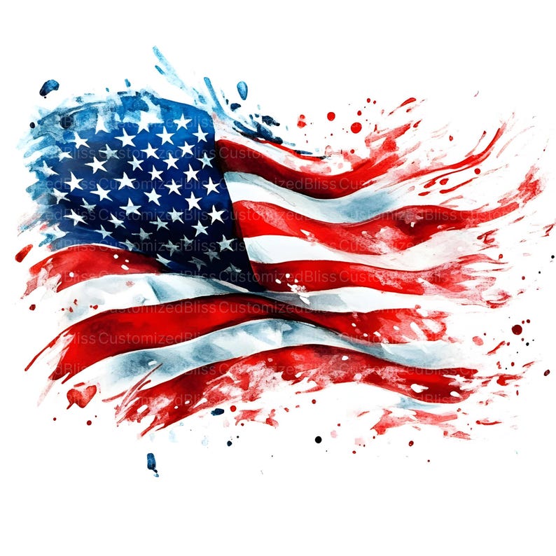 Op de afbeelding: Een aquarel van een Amerikaanse vlag met rode, witte en blauwe verfspatten. De vlag wappert in de wind en de verfspatten cre&euml;ren een dynamisch en abstract effect.