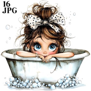 16 lustige Badewanne Mädchen Clipart, Bad Clipart, Vintage Badewanne Clipart, wunderliche Mädchen, Schleife Clipart, hochwertige JPGs, digitaler Download