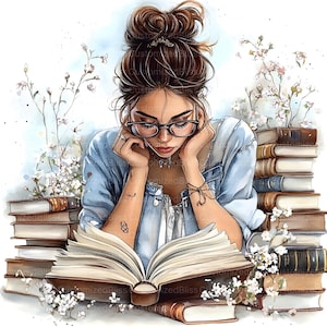May include: Watercolor illustration of a person reading a book, surrounded by stacks of books and white flowers. The person wears glasses and a denim jacket, with their hair in a bun. The image has a soft, artistic feel.