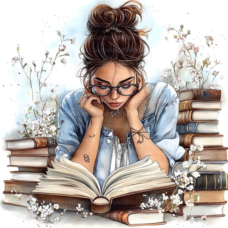 May include: Watercolor illustration of a person reading a book, surrounded by stacks of books and white flowers. The person wears glasses and a denim jacket, with their hair in a bun. The image has a soft, artistic feel.