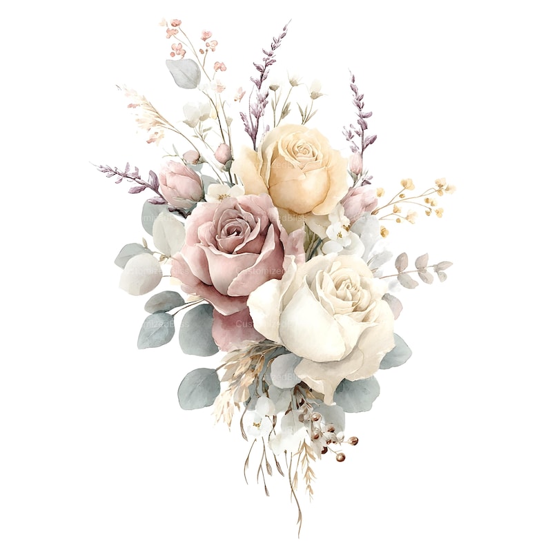 May include: A floral arrangement featuring soft-toned roses in shades of dusty pink, cream, and pale yellow. The bouquet includes delicate sprigs of lavender, small white blossoms, and muted green eucalyptus leaves, all arranged in a vertical cluster.