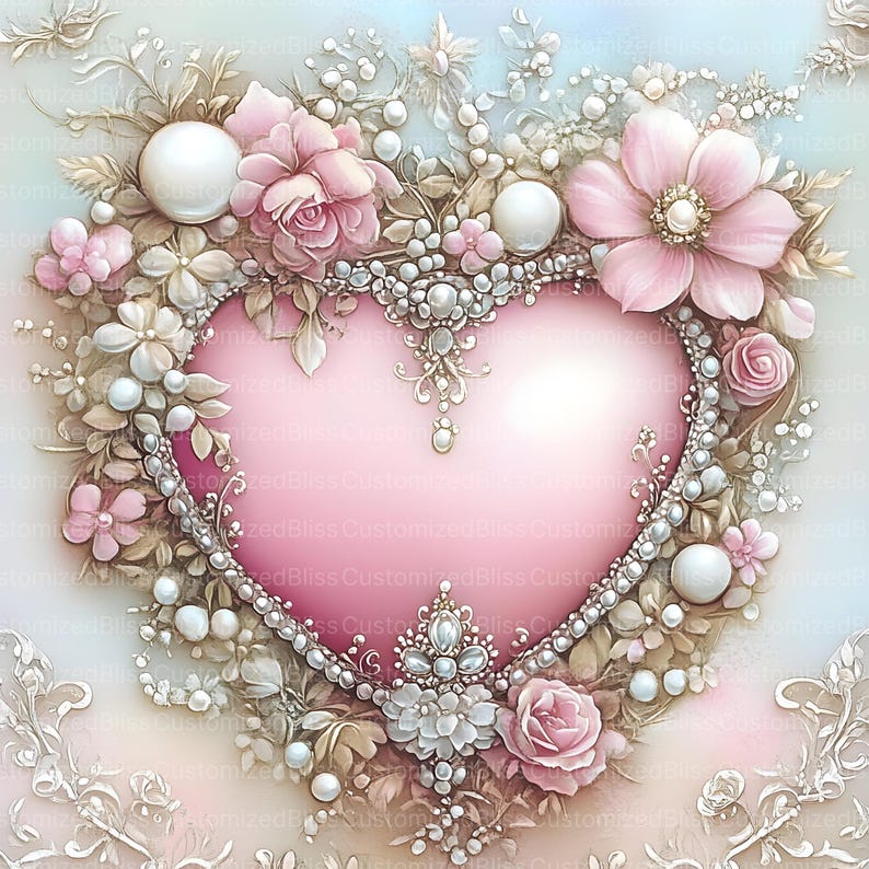 May include: A pink heart surrounded by a pearl and rhinestone garland, with pink roses and white flowers. The heart is a symbol of love and romance.