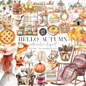 Bonjour l'automne, lot de cliparts automne aquarelle, clipart automne douillet, automne aquarelle, clipart citrouille, automne neutre, humeur d'automne rustique