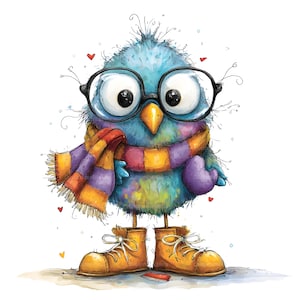 Op de afbeelding: Een grillige illustratie van een pluizige blauwe vogel met een grote bril met zwart montuur, een gestreepte oranje en paarse sjaal en gele veterschoenen. De vogel heeft een gele snavel en is omringd door kleine rode hartjes op een witte achtergrond.