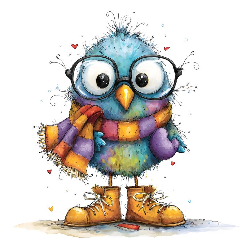 Op de afbeelding: Een grillige illustratie van een pluizige blauwe vogel met een grote bril met zwart montuur, een gestreepte oranje en paarse sjaal en gele veterschoenen. De vogel heeft een gele snavel en is omringd door kleine rode hartjes op een witte achtergrond.