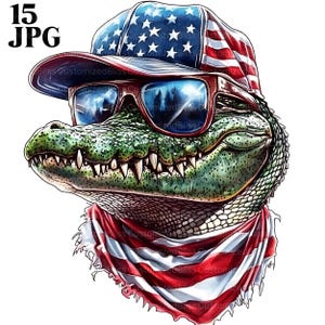 May include: A green alligator wearing a red, white, and blue baseball cap with sunglasses and a bandana. The bandana is also red, white, and blue.