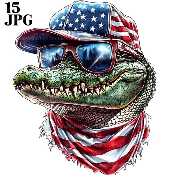15 Alligator Clipart, Crocodile Clipart, Patriotic Clipart, USA Flag Clipart, High Quality JPGs, Junk Journal, Digital Download, Paper Craft