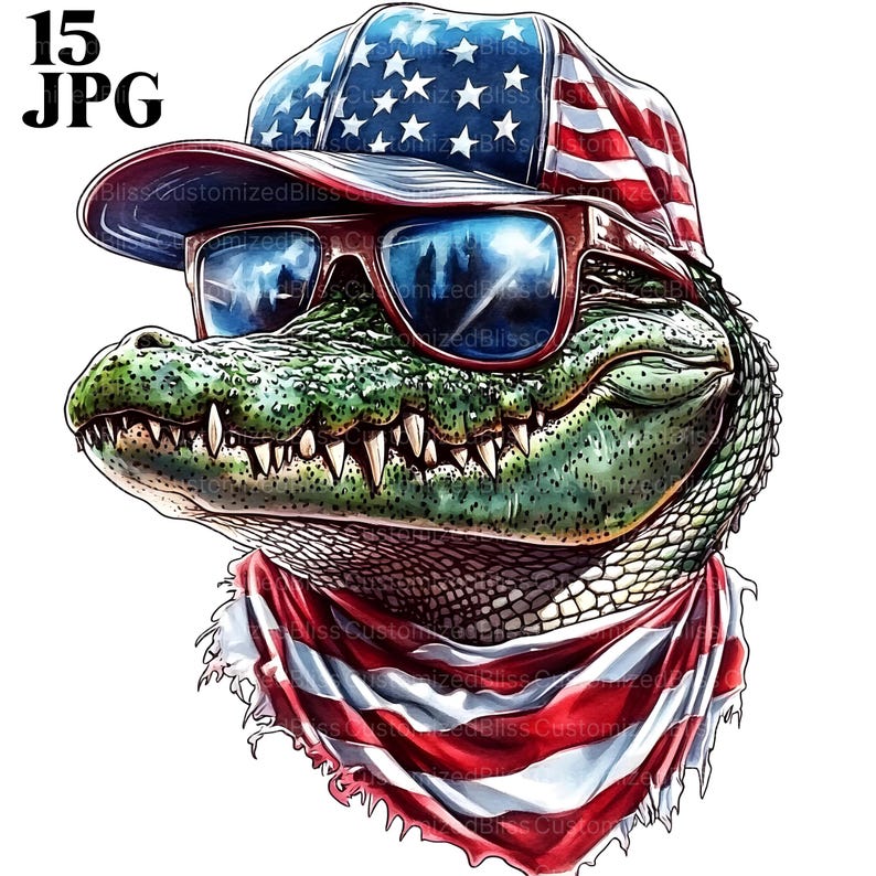 May include: A green alligator wearing a red, white, and blue baseball cap with sunglasses and a bandana. The bandana is also red, white, and blue.