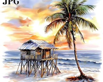 16 Tropical Beach Scene Clipart, Ocean Beach Clipart, Seascapes Clipart, Sunny Beach, Watercolor Clipart, Junk Journal, Paper Craft, JPG